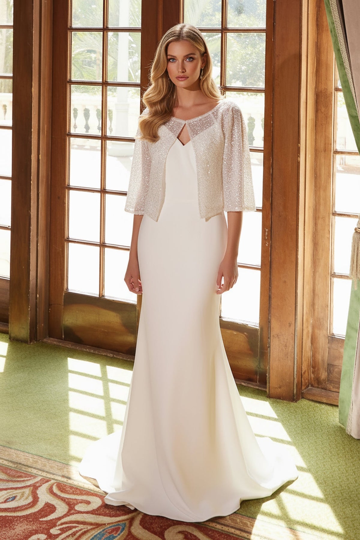 White Satin Sheath Sweetheart Wedding Gown With Sequin Jacket NXJW1030