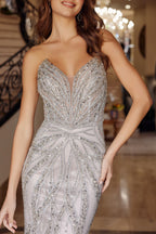 Champagne Gold Beaded Strapless Prom Gown with Peaked Detail NXC1833