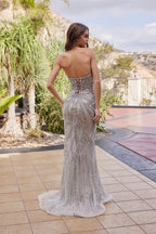 Champagne Gold Beaded Strapless Prom Gown with Peaked Detail NXC1833