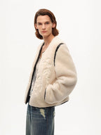 "FF×JW Muse Project" embroidered round neck short merino wool sheepskin fur coat