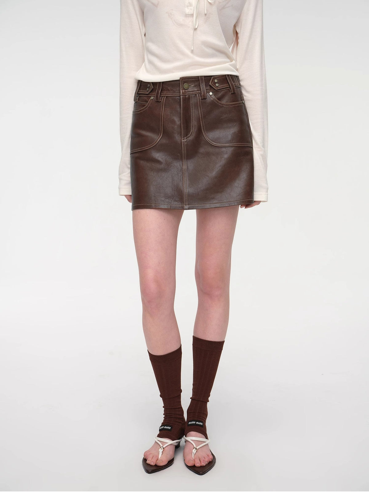 "Houston Street" New Zealand imported sheep leather vintage A-line short skirt