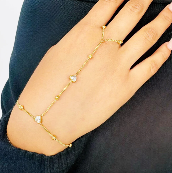 Double Heart Hand Chain Bracelet – 18K Gold-Plated