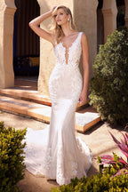 Avery Lace Bodice Illusion V-Neck Long Wedding Dress CDA1072W