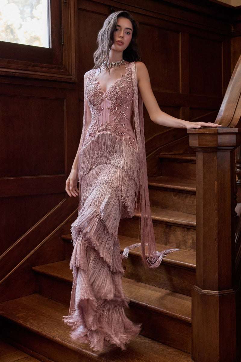 Dusty Rose Fringe Beaded Lace V-Neck Sheath Gala Gown Spaghetti Strap CDA1529