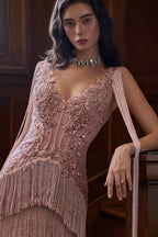 Dusty Rose Fringe Beaded Lace V-Neck Sheath Gala Gown Spaghetti Strap CDA1529