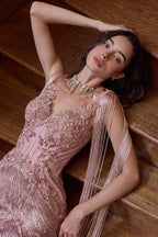 Dusty Rose Fringe Beaded Lace V-Neck Sheath Gala Gown Spaghetti Strap CDA1529