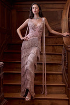 Dusty Rose Fringe Beaded Lace V-Neck Sheath Gala Gown Spaghetti Strap CDA1529
