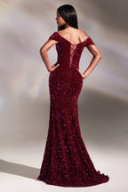 Red | Off-Shoulder Sequin Slit Gown – Sweetheart Neckline Formal Dress  CDCA109