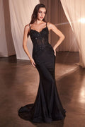 Lace Appliqué Gown with Illusion Bodice and Satin Skirt CD798