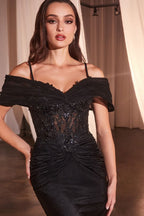 Lace Appliqué Gown with Illusion Bodice and Satin Skirt CD798
