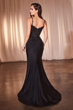 Lace Appliqué Gown with Illusion Bodice and Satin Skirt CD798