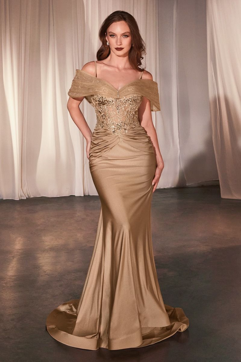 Lace Appliqué Gown with Illusion Bodice and Satin Skirt CD798