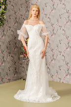 Floral embroidery bead sheer sleeves mesh mermaid wedding gown GLGL3479