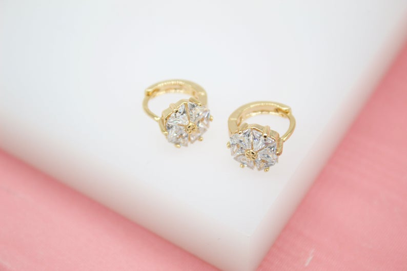 Flower CZ Gemstone Huggies Earrings (L73) [STYLE CC]